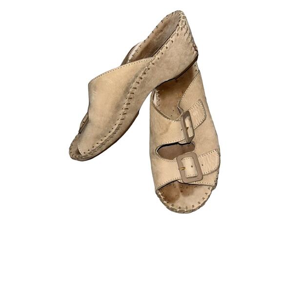 LA PLUME LADIES SANDALS‎ 38 BEIGE TAN 2 STRAP LEATHER SLIP ONS - Picture 2 of 11